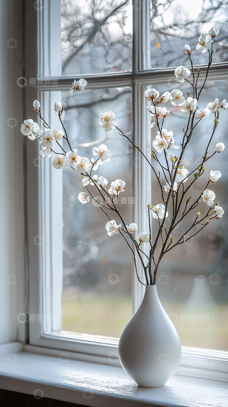 高清大图下载【趣麦麦图】窗边白色花瓶里的白色花枝