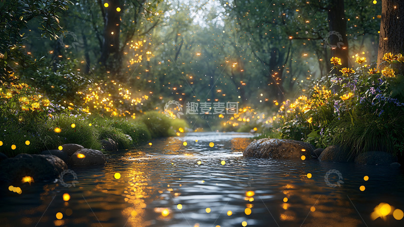 高清大图下载【趣麦麦图】萤火虫森林小溪