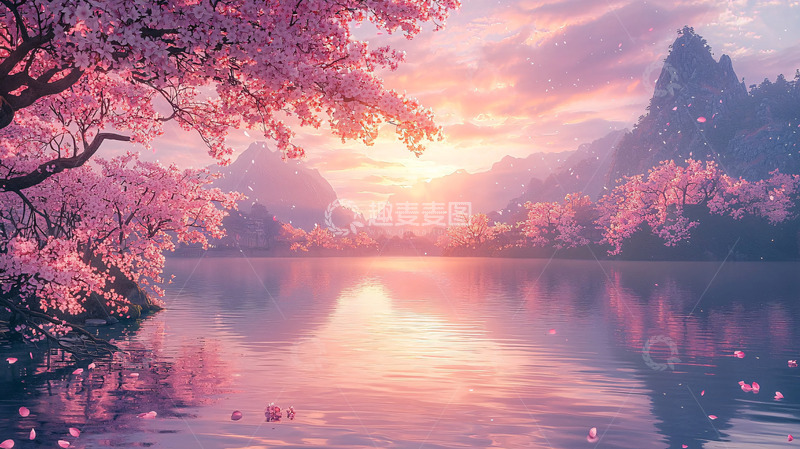 高清大图下载【趣麦麦图】唯美粉色樱花湖景
