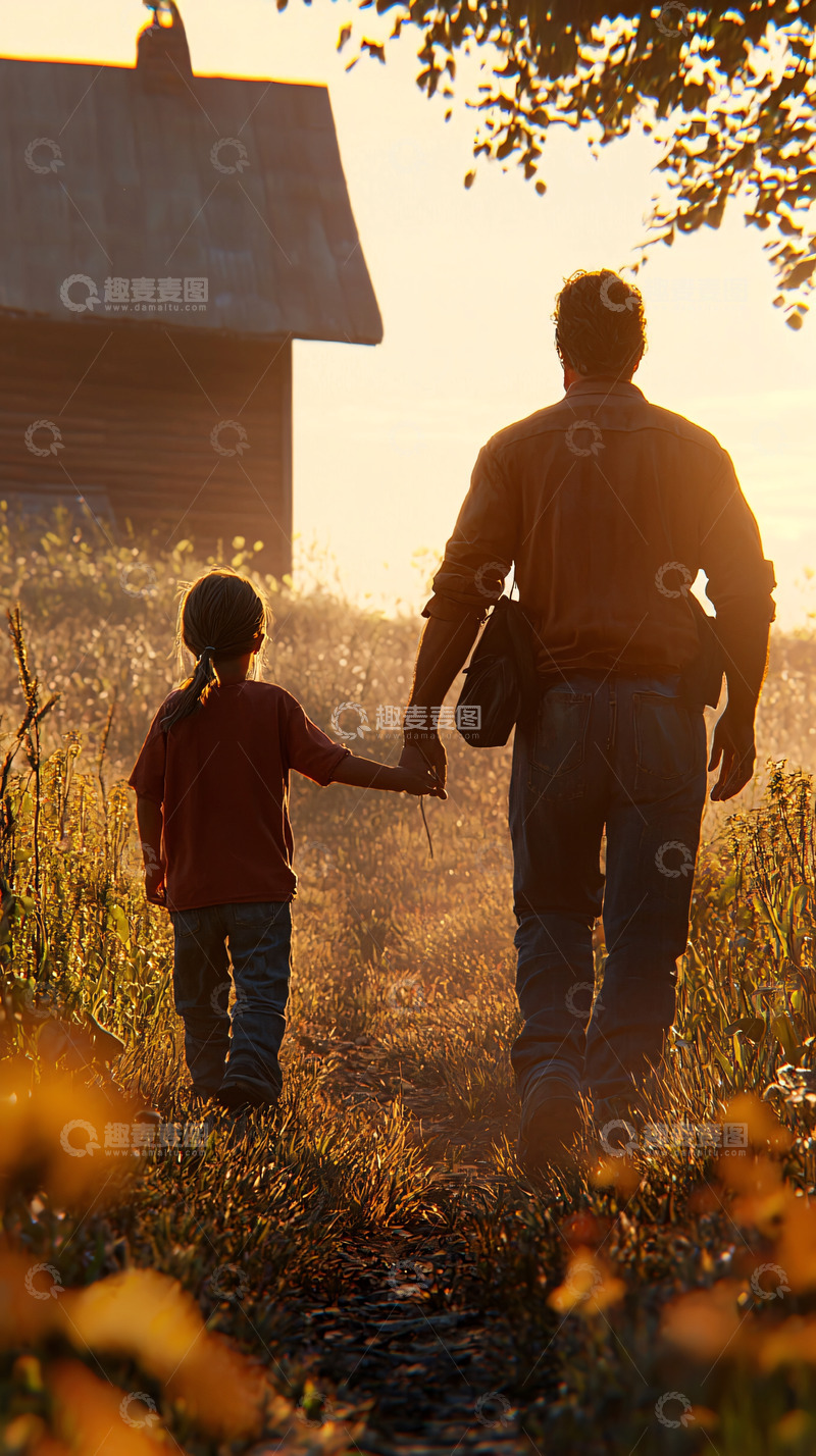 高清大图下载【趣麦麦图】父女牵手黄昏漫步