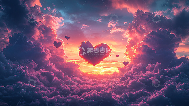 高清大图下载【趣麦麦图】心形云彩在粉色天空