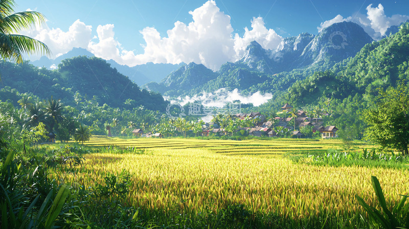 高清大图下载【趣麦麦图】阳光明媚的山谷稻田