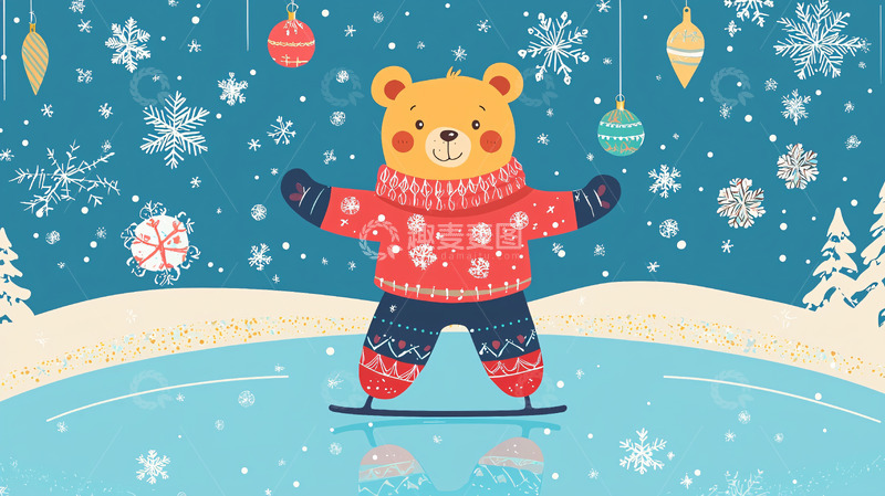 高清大图下载【趣麦麦图】穿着毛衣的熊在冰上滑冰
