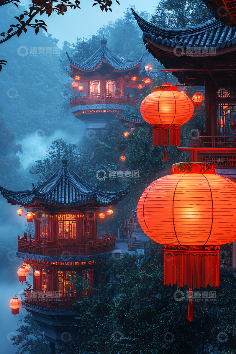 高清大图下载【趣麦麦图】雾气缭绕的中国古建筑