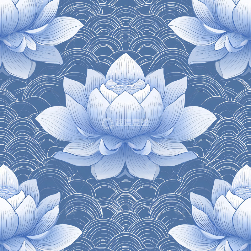 高清大图下载【趣麦麦图】蓝白莲花海浪纹样背景