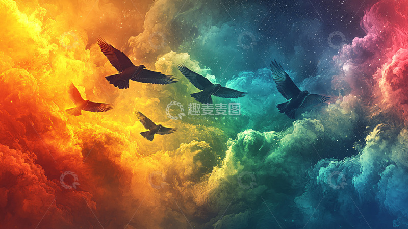 高清大图下载【趣麦麦图】-彩色烟雾中飞翔的鸟群