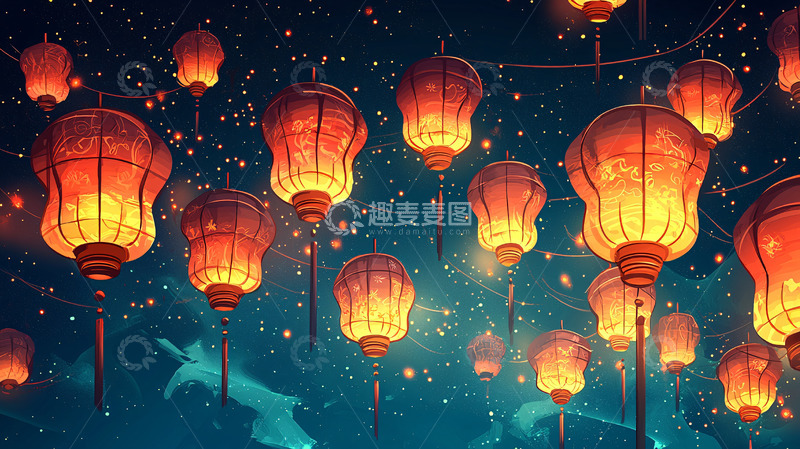 高清大图下载【趣麦麦图】夜空飞舞的红色灯笼