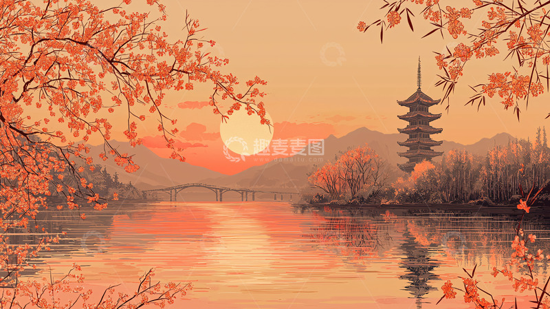 高清大图下载【趣麦麦图】日式夕阳下的塔