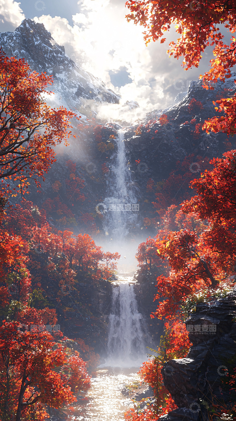 高清大图下载【趣麦麦图】秋色红叶下的瀑布美景
