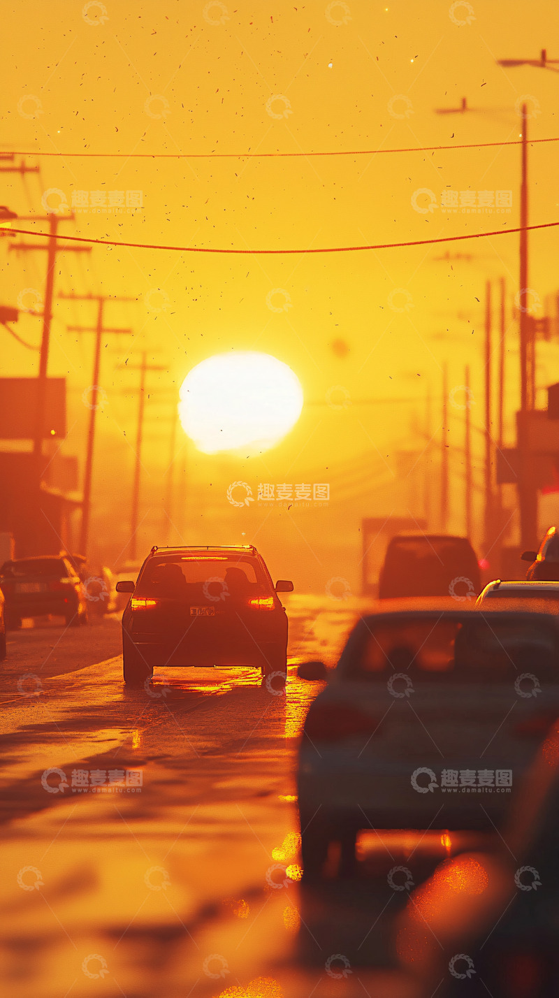 高清大图下载【趣麦麦图】夕阳下街道车辆行驶