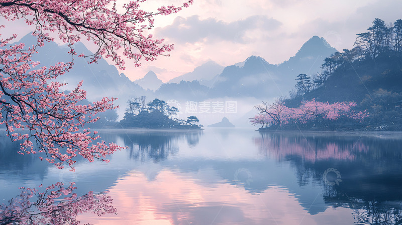 高清大图下载【趣麦麦图】粉嫩樱花湖泊山景