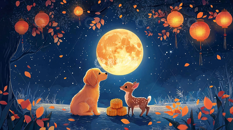 高清大图下载【趣麦麦图】中秋节狗狗和鹿