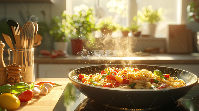 高清大图下载【趣麦麦图】阳光厨房里烹饪意面