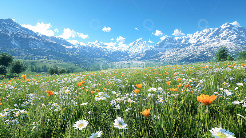 高清大图下载【趣麦麦图】阿尔卑斯山脉野花盛开的草原