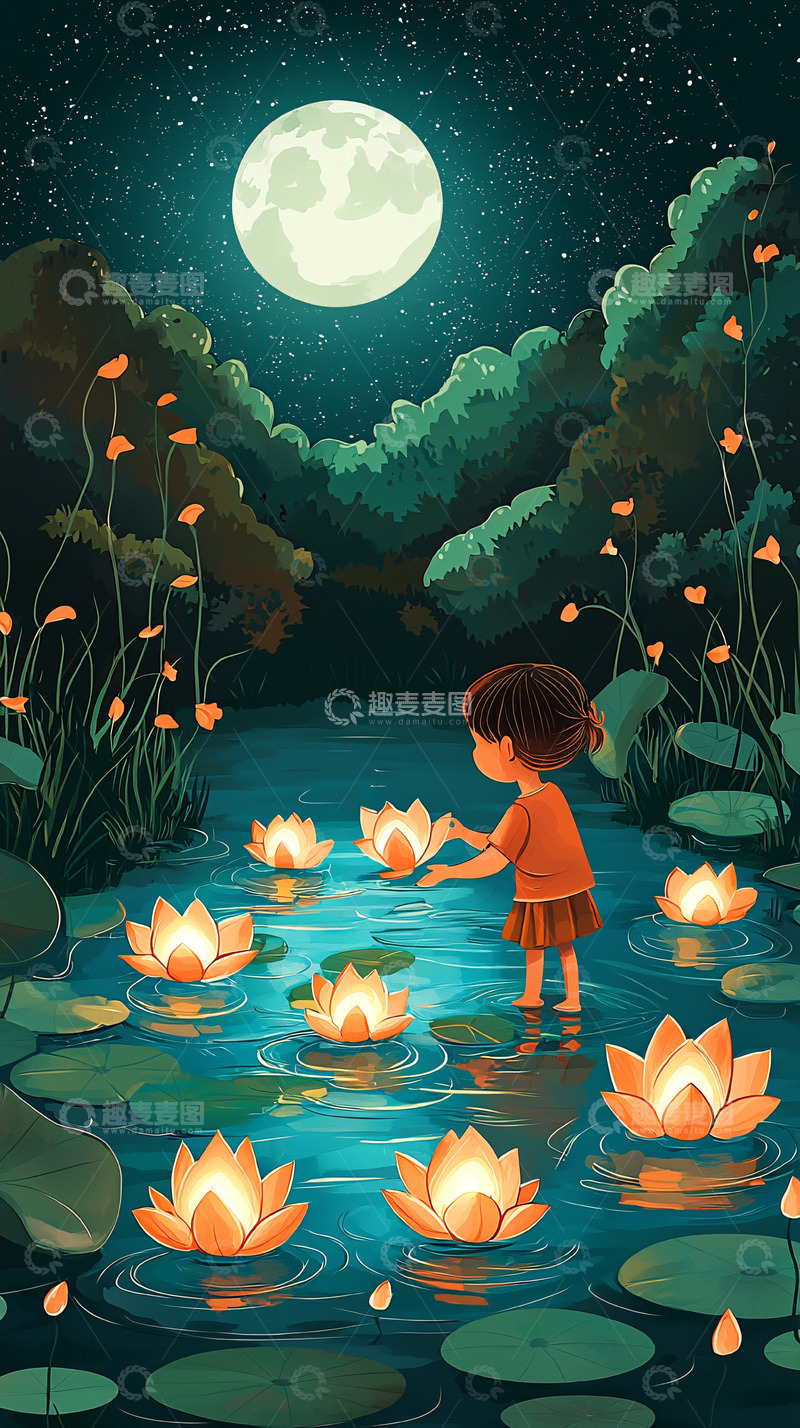 高清大图下载【趣麦麦图】女孩放河灯
