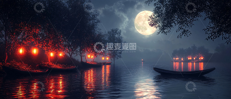 高清大图下载【趣麦麦图】月光下的河边小屋