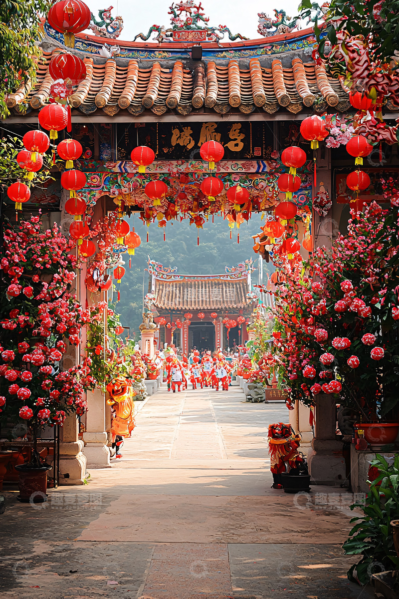 高清大图下载【趣麦麦图】红灯笼下的寺庙牌坊
