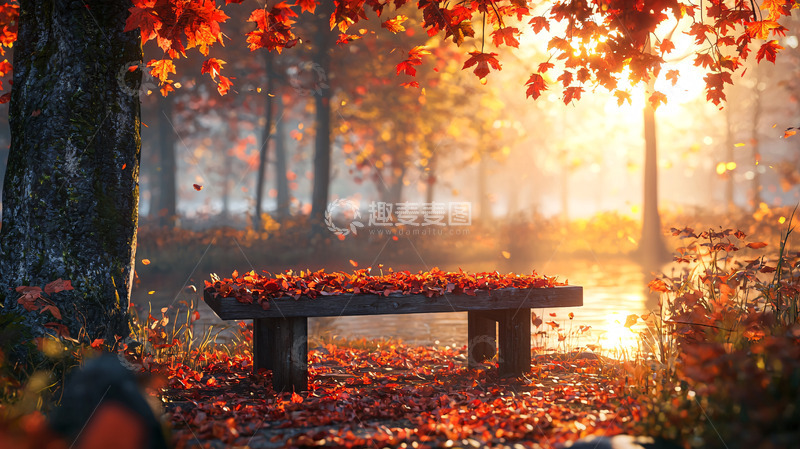 高清大图下载【趣麦麦图】秋日森林长椅