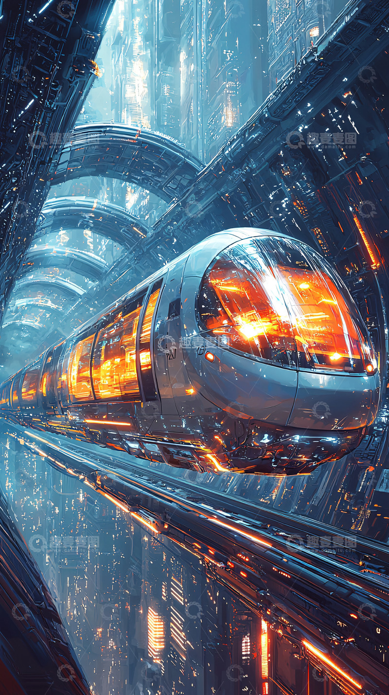 高清大图下载【趣麦麦图】未来感地铁列车在隧道中高速行驶