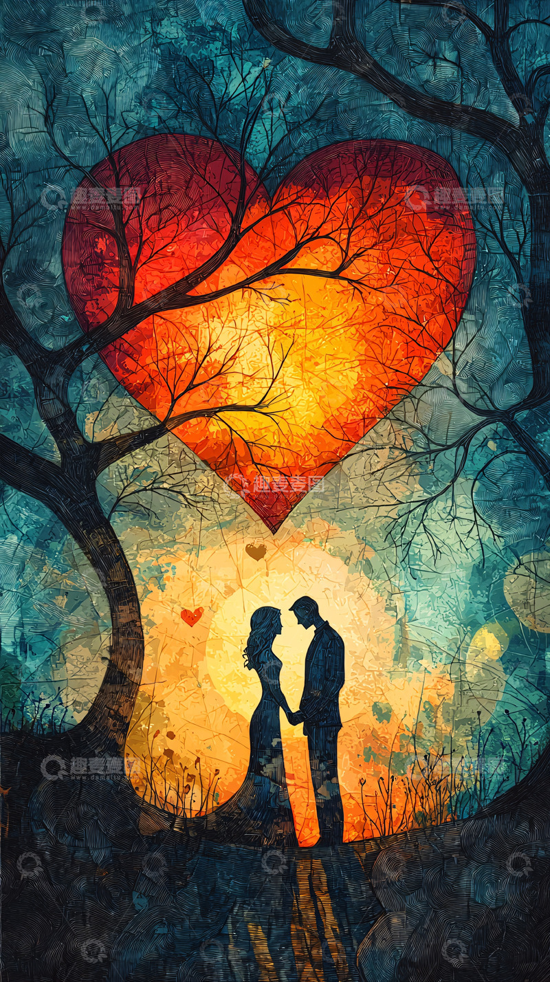 高清大图下载【趣麦麦图】水彩情侣树林爱心