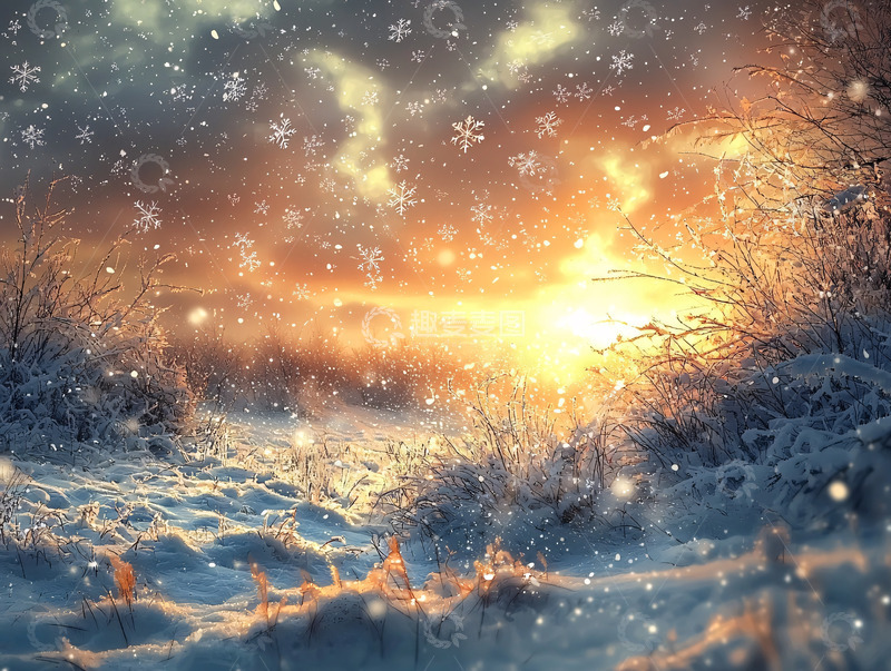 高清大图下载【趣麦麦图】冬日雪景落日余晖