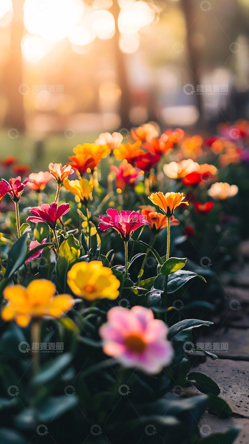 高清大图下载【趣麦麦图】夕阳下色彩斑斓的花田