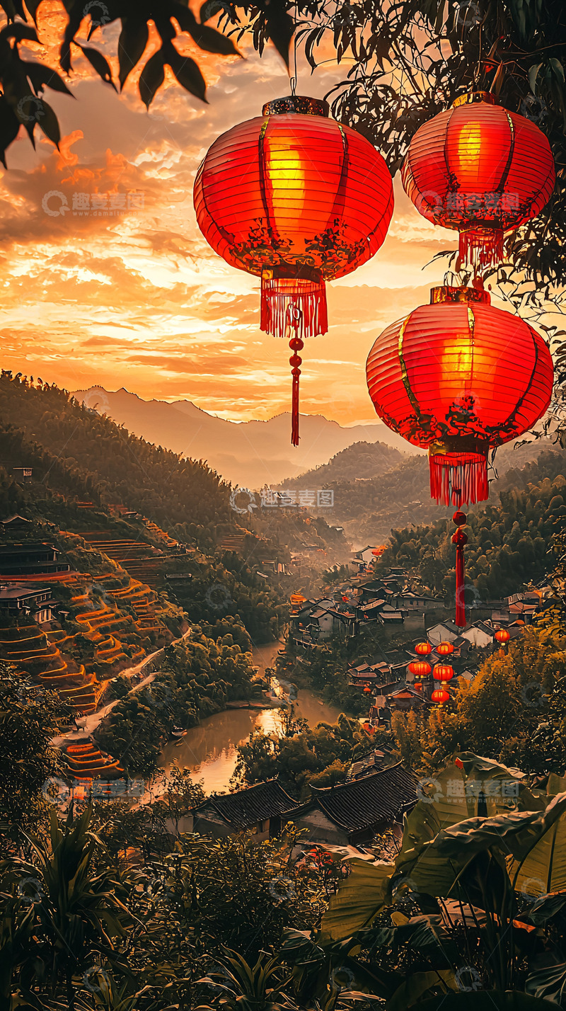 高清大图下载【趣麦麦图】夕阳下红灯笼山村景色