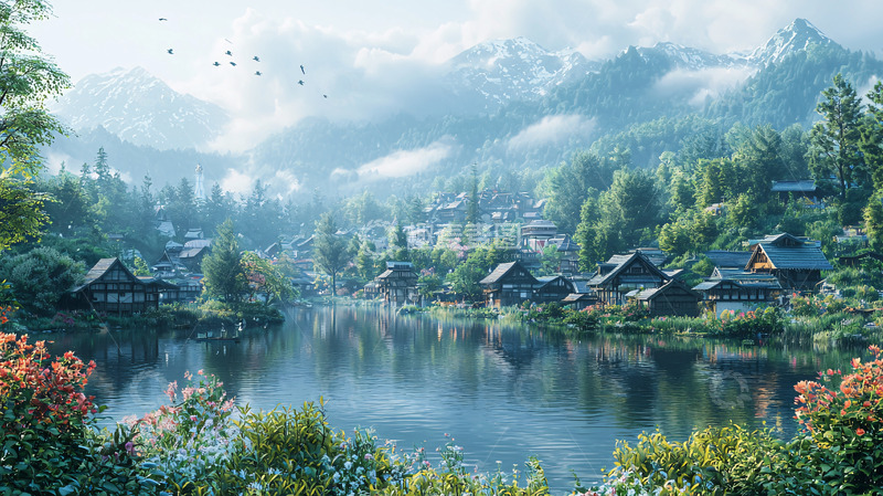 高清大图下载【趣麦麦图】湖边宁静山村景色