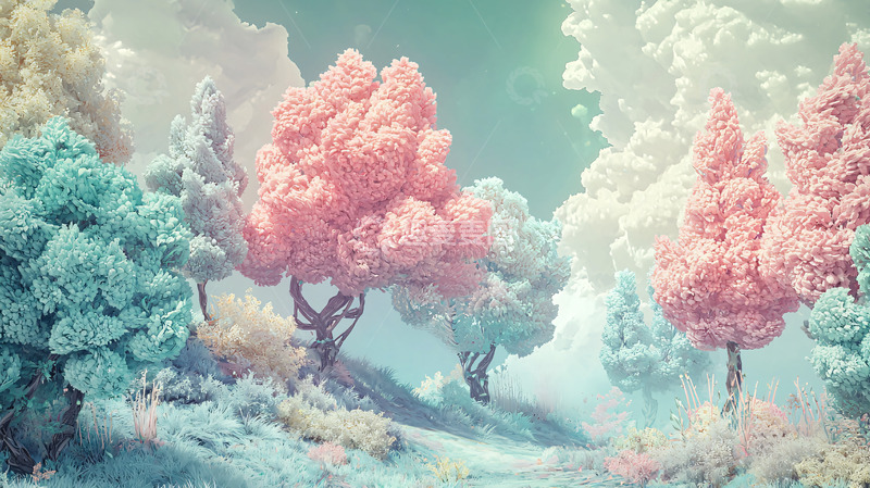 高清大图下载【趣麦麦图】梦幻粉色棉花糖树林