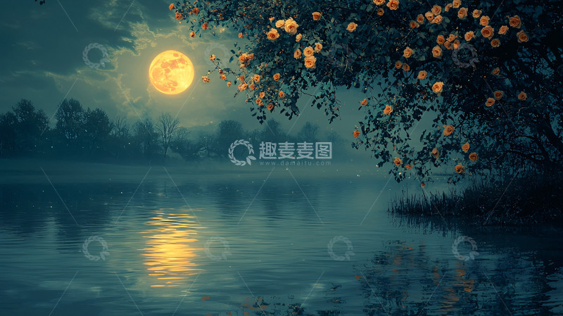 高清大图下载【趣麦麦图】月夜湖边花树