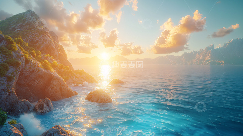 高清大图下载【趣麦麦图】日出海景岩石海岸线