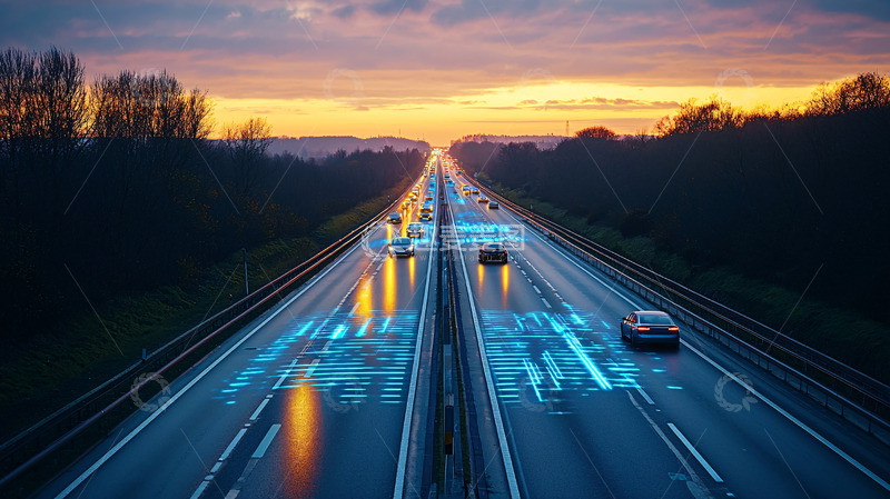 高清大图下载【趣麦麦图】夕阳下高速公路上的车辆