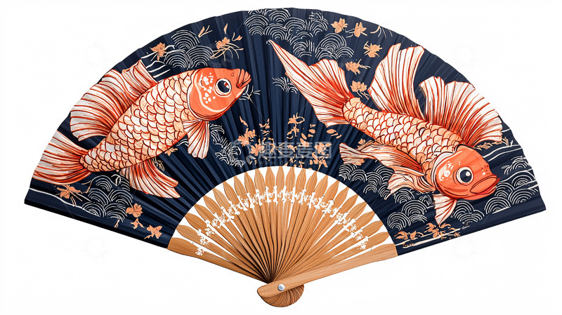 高清大图下载【趣麦麦图】金色锦鲤图案扇子