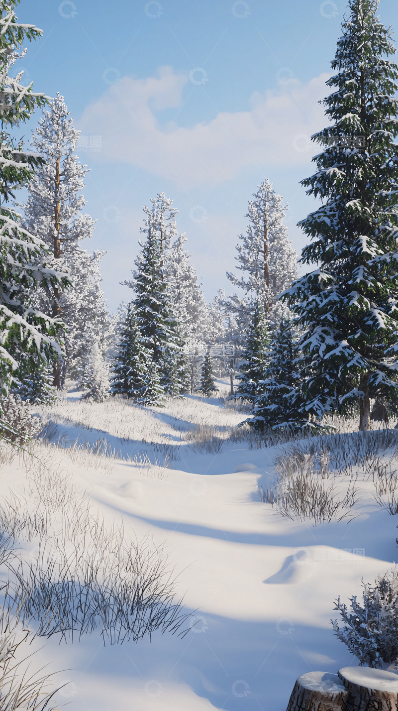 高清大图下载【趣麦麦图】阳光下白雪皑皑的松树林