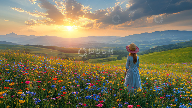 高清大图下载【趣麦麦图】夕阳下花海中的女子