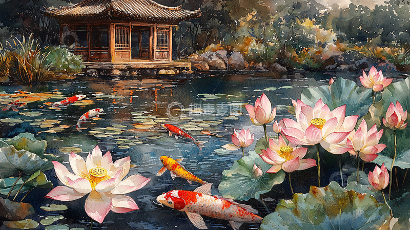 高清大图下载【趣麦麦图】中式园林锦鲤荷花