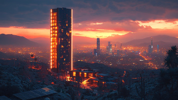 夕阳下的未来城市高塔