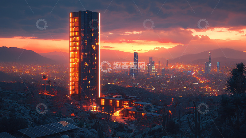高清大图下载【趣麦麦图】夕阳下的未来城市高塔