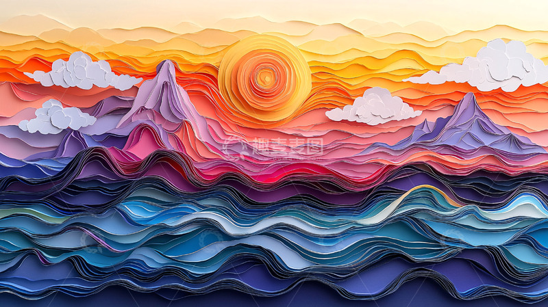 高清大图下载【趣麦麦图】纸艺日落山海风景