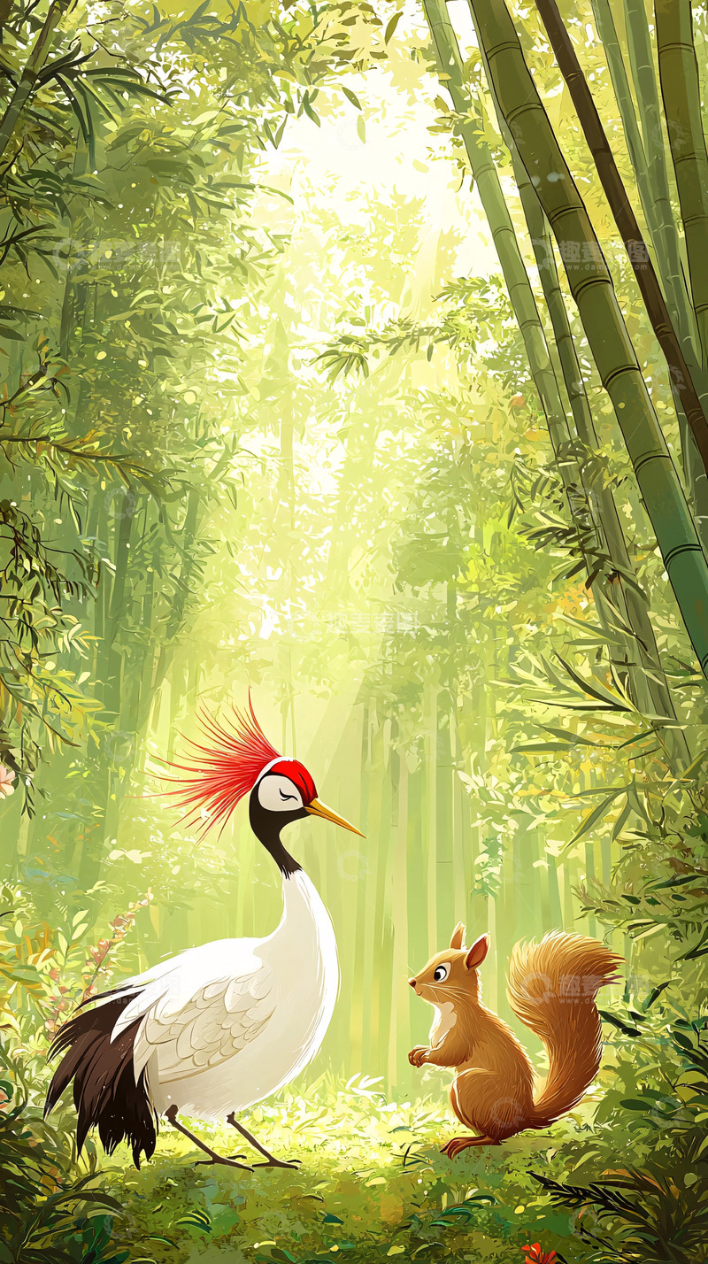 高清大图下载【趣麦麦图】红冠鹤与松鼠竹林相遇