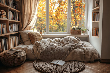 秋日暖阳窗边阅读角