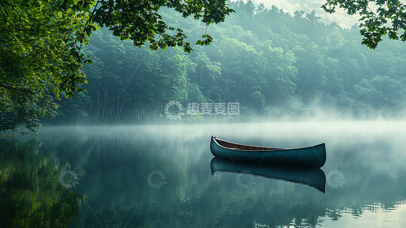 高清大图下载【趣麦麦图】清晨雾气湖泊独木舟