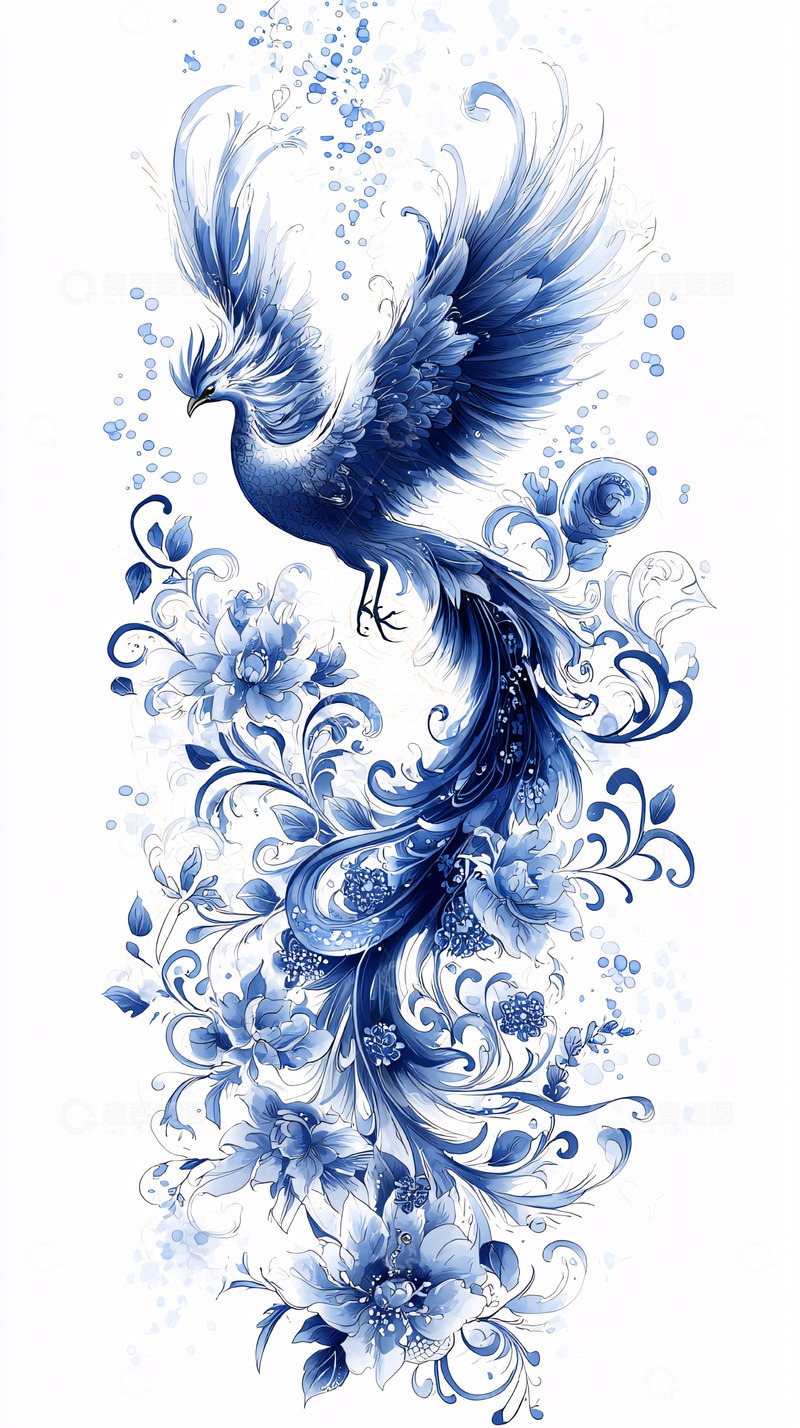 高清大图下载【趣麦麦图】青花瓷风格的凤凰