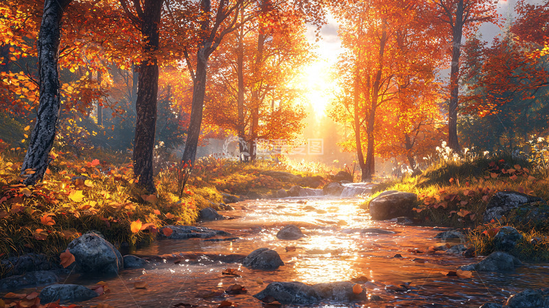高清大图下载【趣麦麦图】秋日森林小溪阳光
