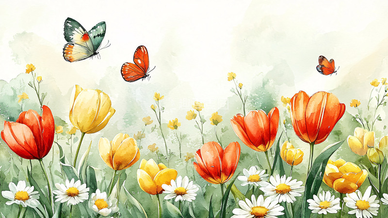 高清大图下载【趣麦麦图】水彩郁金香花田蝴蝶