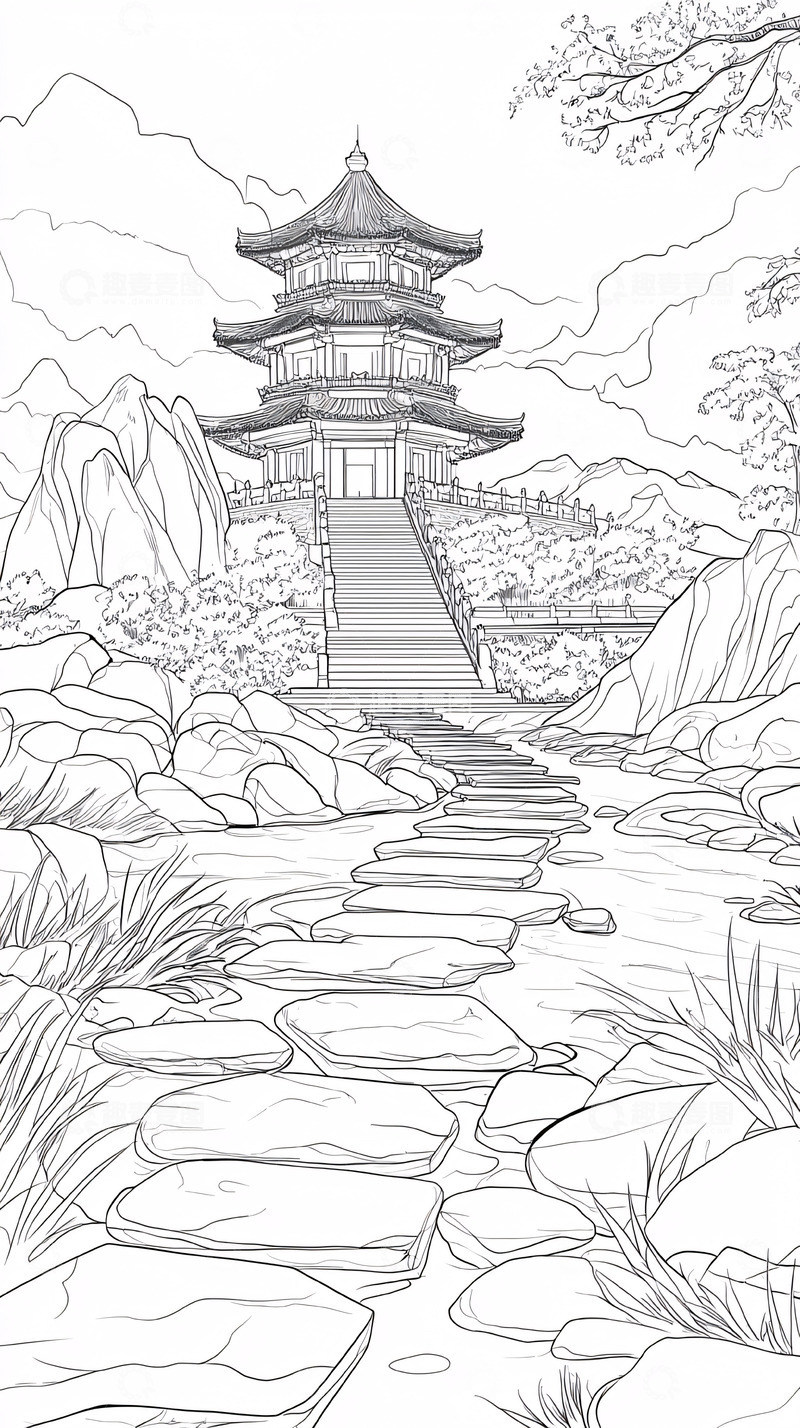 高清大图下载【趣麦麦图】东方古塔石头路素描