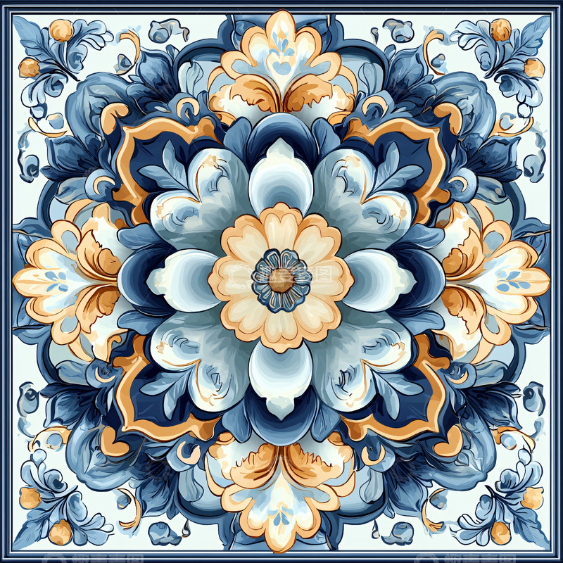 高清大图下载【趣麦麦图】蓝白花卉瓷砖图案