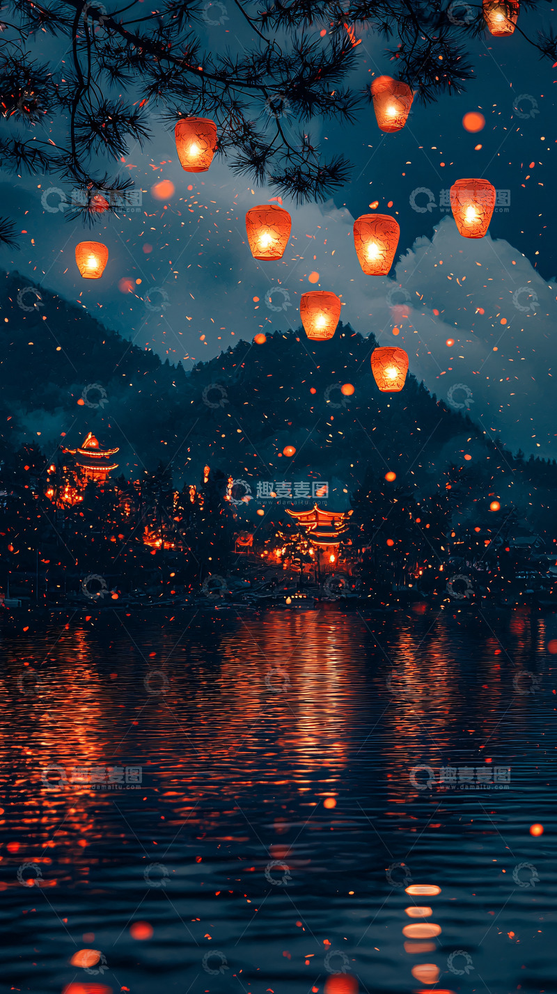 高清大图下载【趣麦麦图】夜空飞舞的孔明灯