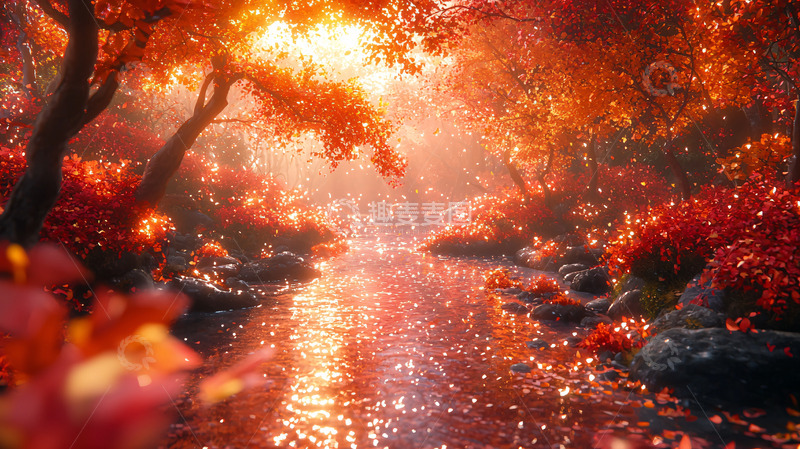 高清大图下载【趣麦麦图】秋日红叶溪流