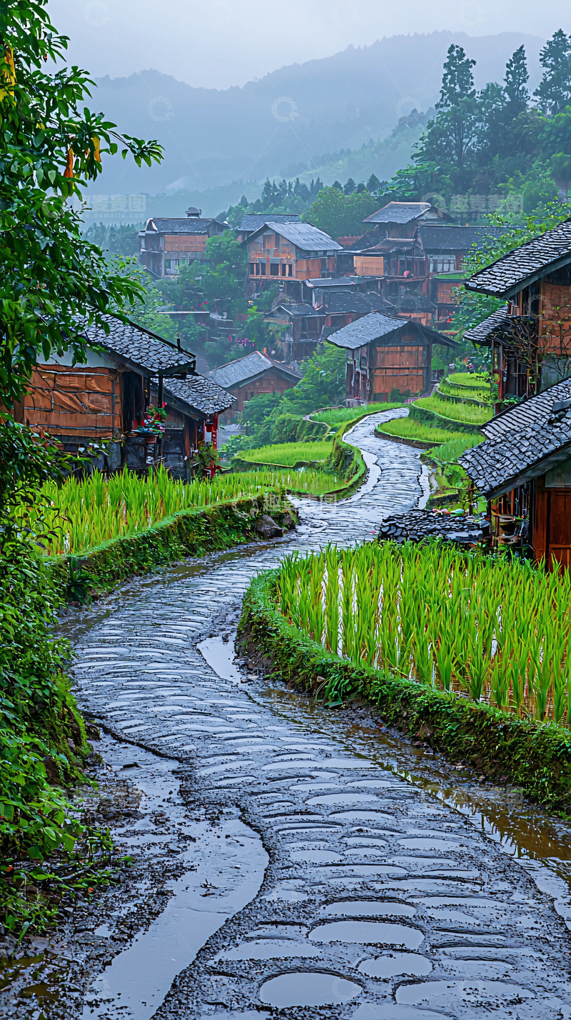 高清大图下载【趣麦麦图】雨后梯田村落的宁静